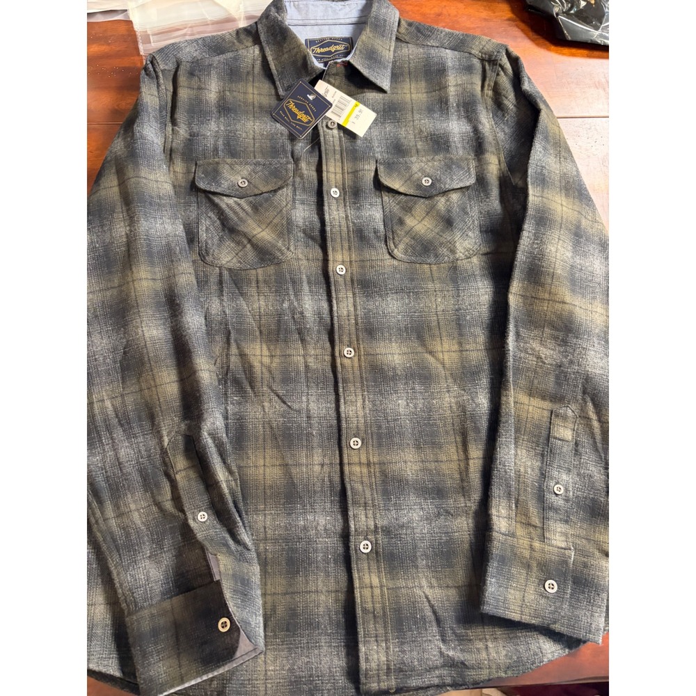 Threadgrit Mens Plaid Flannel Button Down Shirt Gray Green M NEW